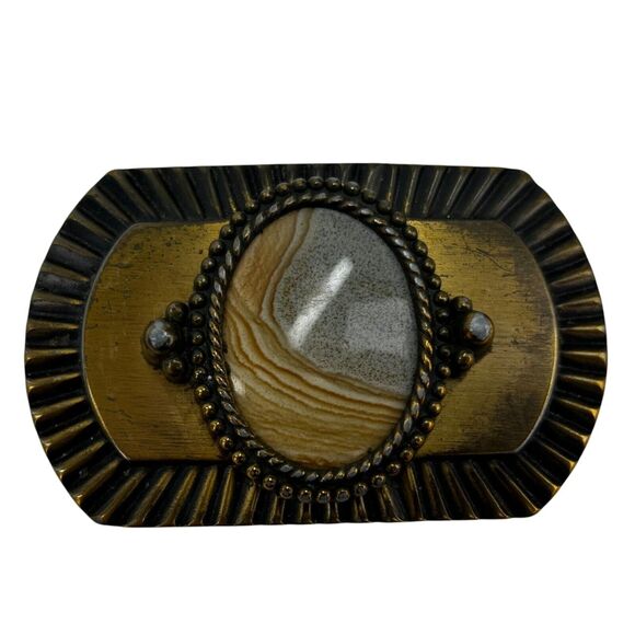 Vintage Western Belt Buckle with Brown Gray Polished Stone 3.5" x 2" - Picture 1 of 2